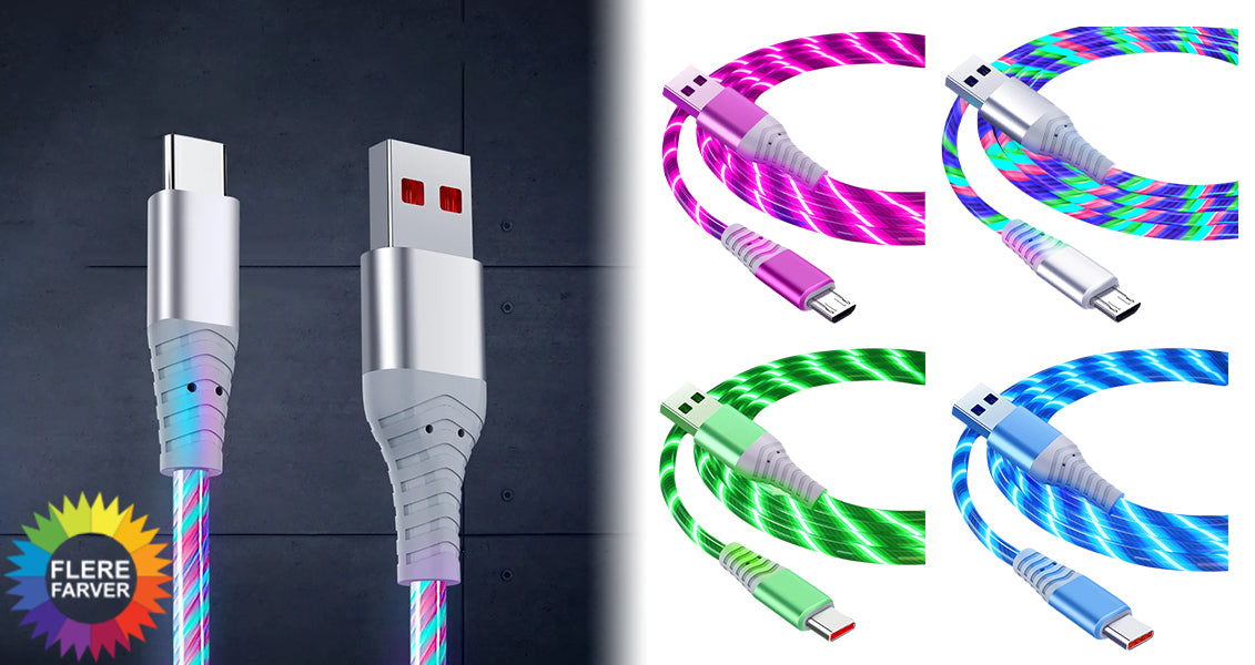 Lysende USB-C og Micro Hurtigopladerkabel