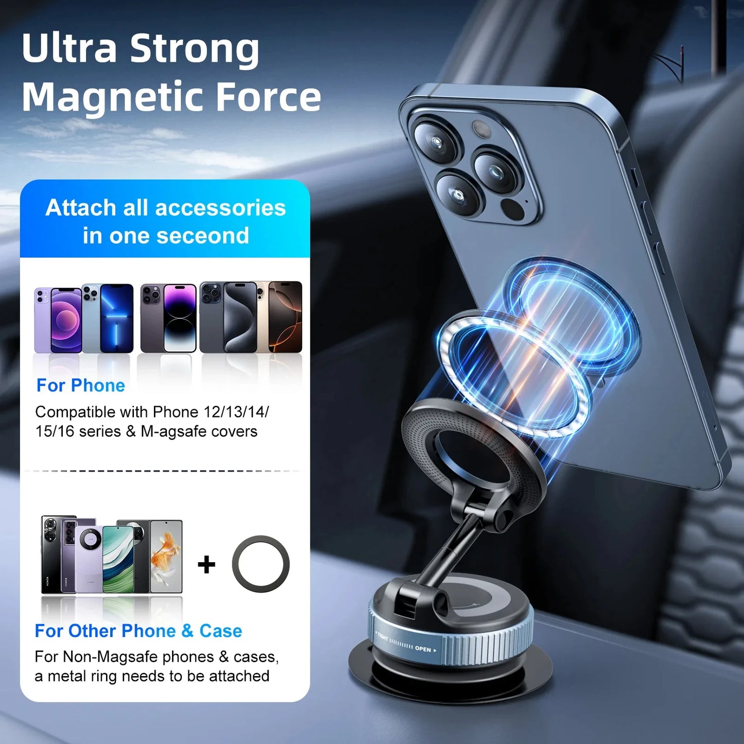 Magnetisk Mobilholder til Bil med Sugekop