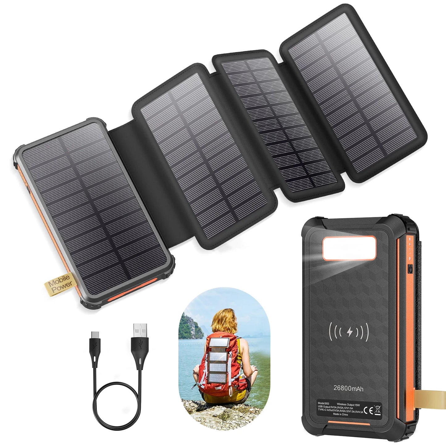 Foldbar Solcelle Powerbank til Camping og Udendørs Brug