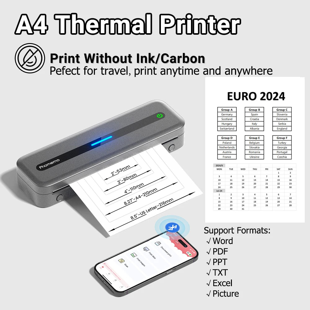 Bærbar A4 Trådløs Termoprinter