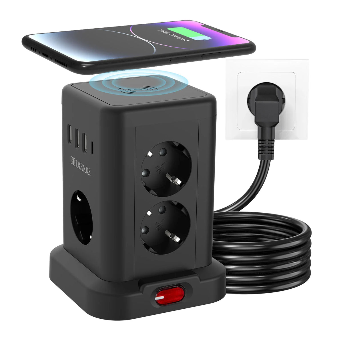15-i-1 Strømskinne med USB og Trådløs Opladning