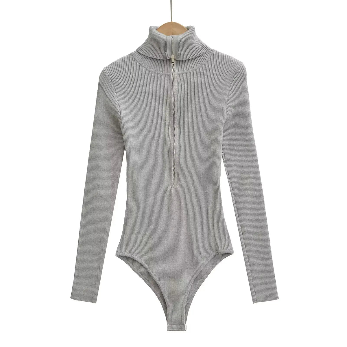 Langærmet Ribbet Bodystocking til Kvinder med Lynlås