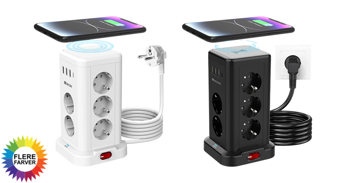 15-i-1 Strømskinne med USB og Trådløs Opladning