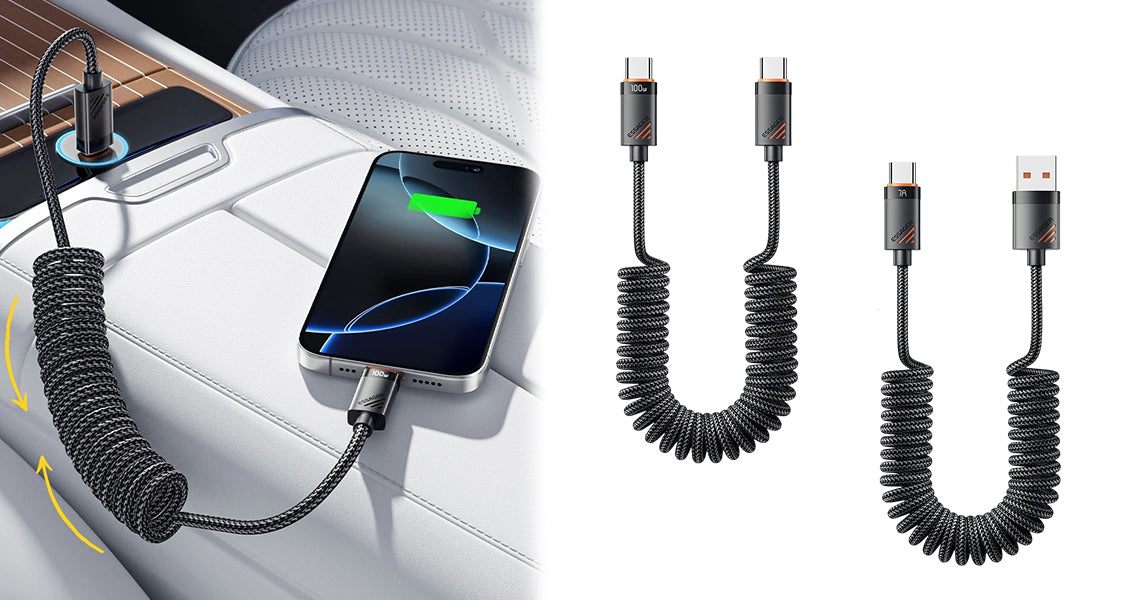 100W USB-C Spiralkabel til Bil med Hurtig Opladning