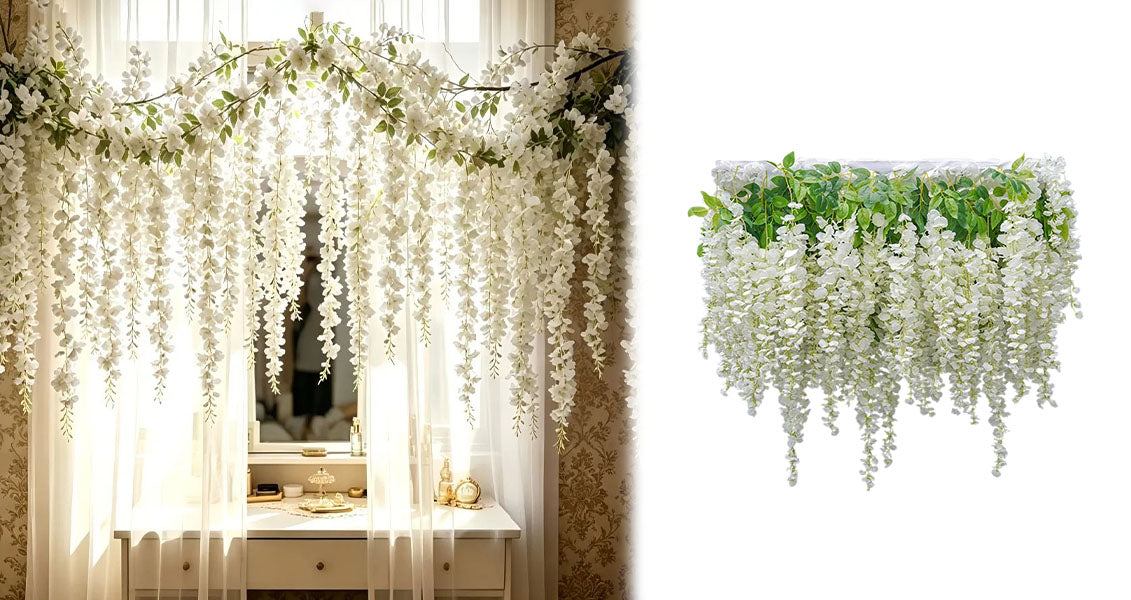 Sæt med Kunstige Hvide Roser og Hængende Blomsterguirlander – 22 Dele