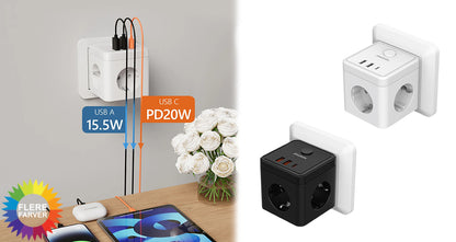Stikkontaktadapter med 3 stik, USB-A og USB-C