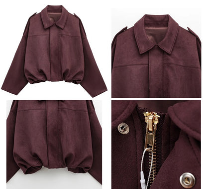 Dame Bomberjakke i Ruskind med Lynlås