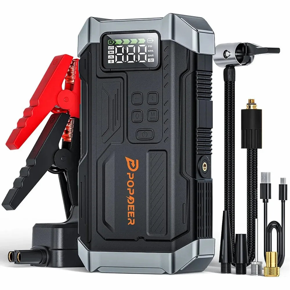4-i-1 Startbooster til Bil med Luftkompressor og Powerbank