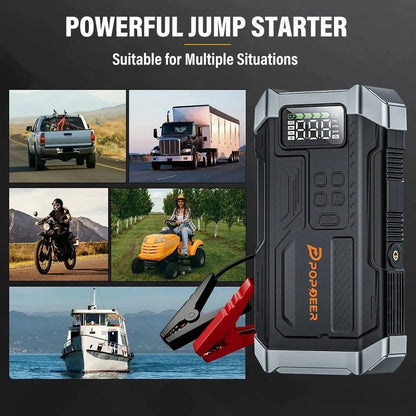 4-i-1 Startbooster til Bil med Luftkompressor og Powerbank