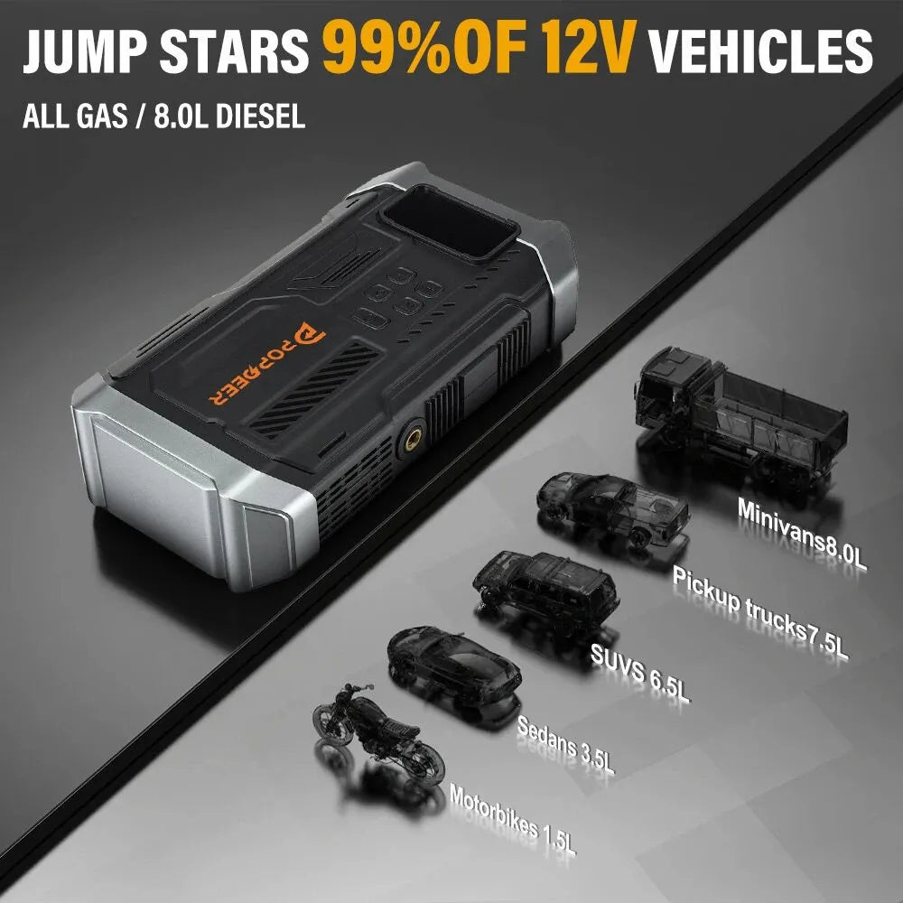 4-i-1 Startbooster til Bil med Luftkompressor og Powerbank