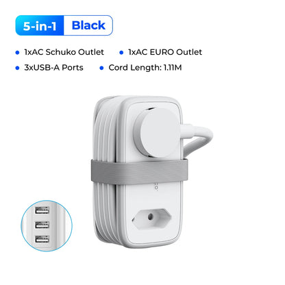 5-i-1 Strømskinne til Rejser med 2 AC- og 3 USB-Porte