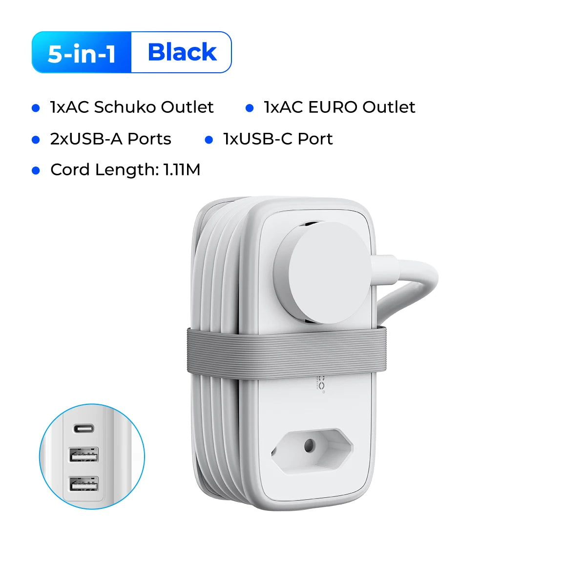 5-i-1 Strømskinne til Rejser med 2 AC- og 3 USB-Porte