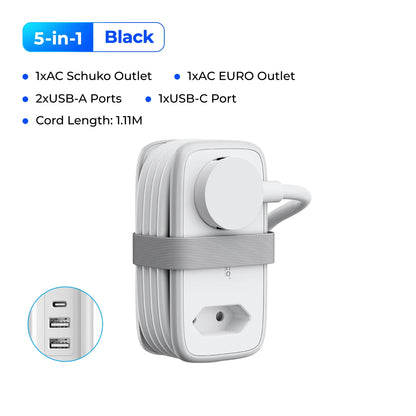 5-i-1 Strømskinne til Rejser med 2 AC- og 3 USB-Porte