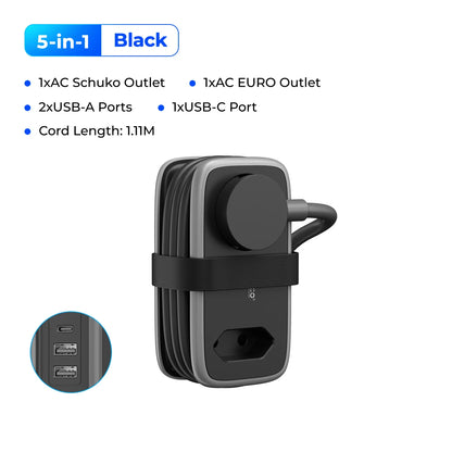 5-i-1 Strømskinne til Rejser med 2 AC- og 3 USB-Porte