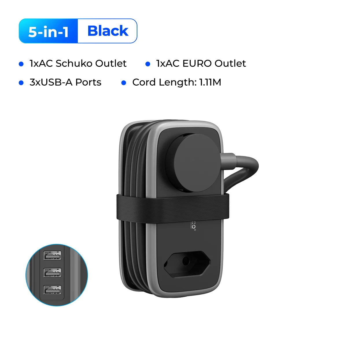 5-i-1 Strømskinne til Rejser med 2 AC- og 3 USB-Porte