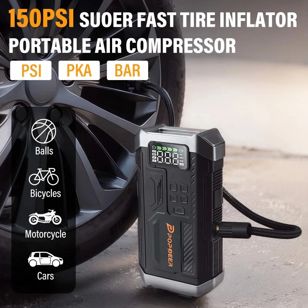 4-i-1 Startbooster til Bil med Luftkompressor og Powerbank