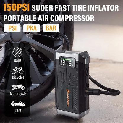 4-i-1 Startbooster til Bil med Luftkompressor og Powerbank