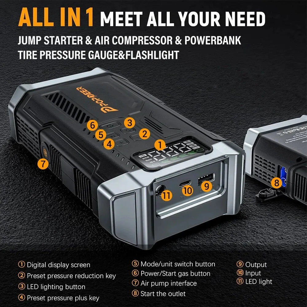 4-i-1 Startbooster til Bil med Luftkompressor og Powerbank