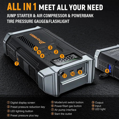 4-i-1 Startbooster til Bil med Luftkompressor og Powerbank