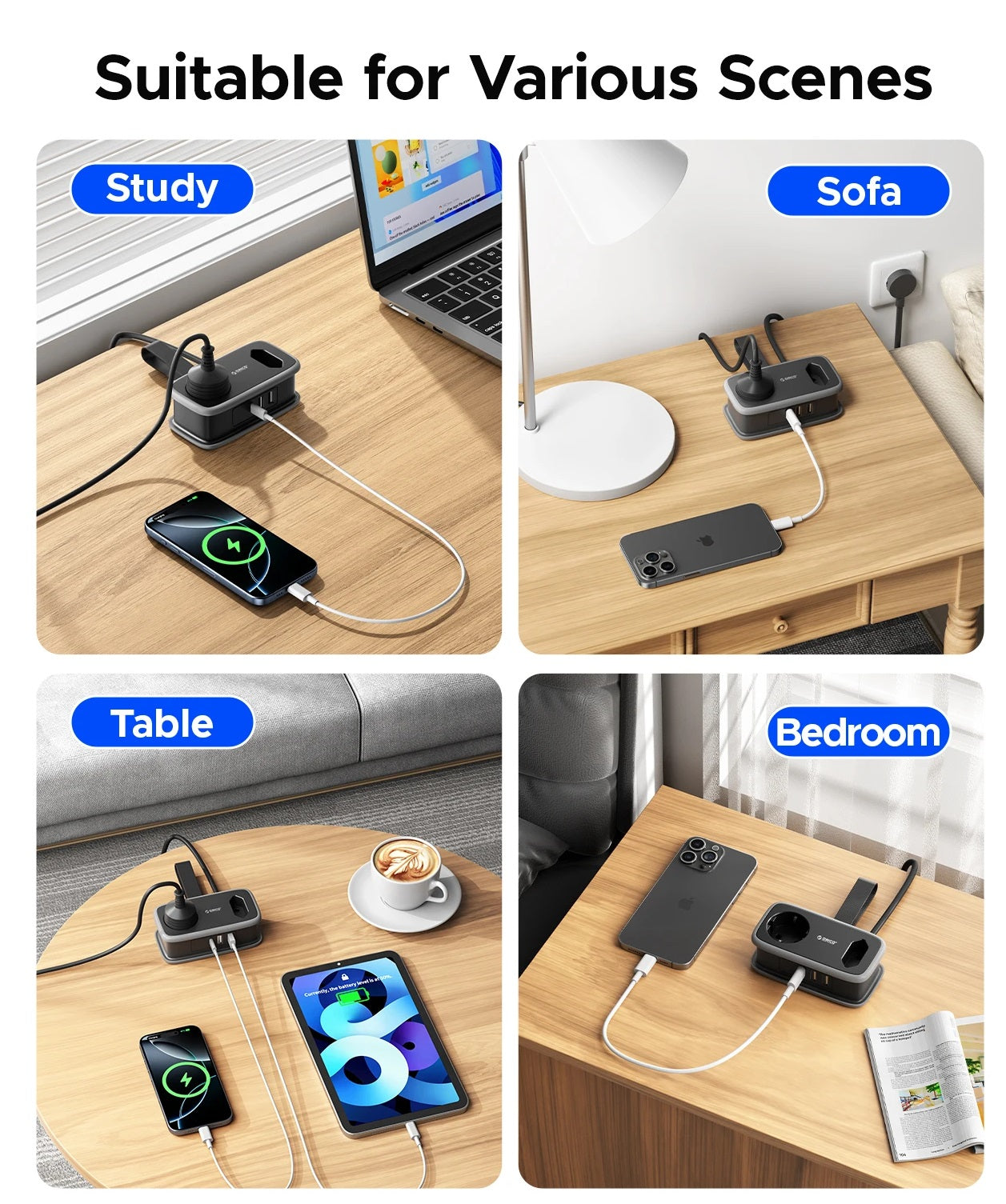 5-i-1 Strømskinne til Rejser med 2 AC- og 3 USB-Porte