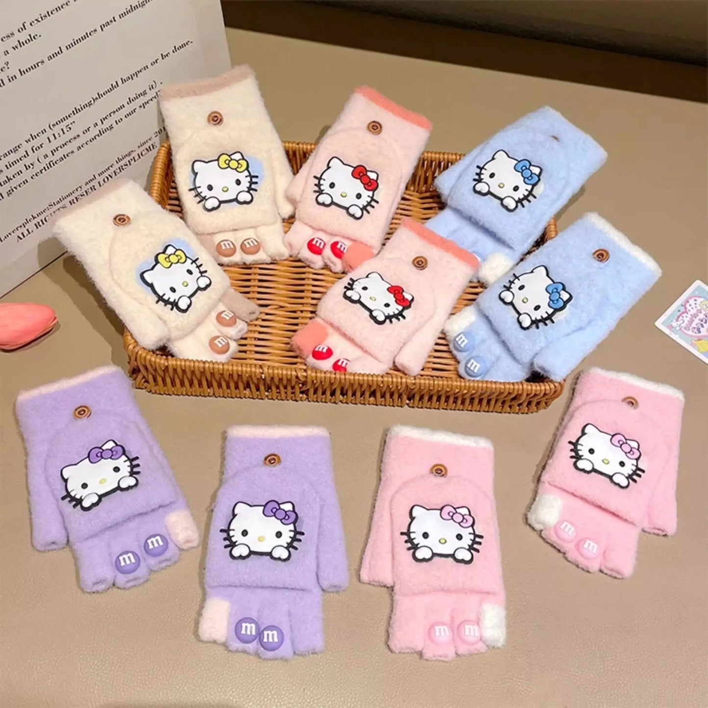 Hello Kitty Børn Halvfinger Vinterstrikkede Handsker