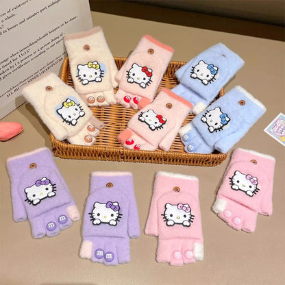 Hello Kitty Børn Halvfinger Vinterstrikkede Handsker