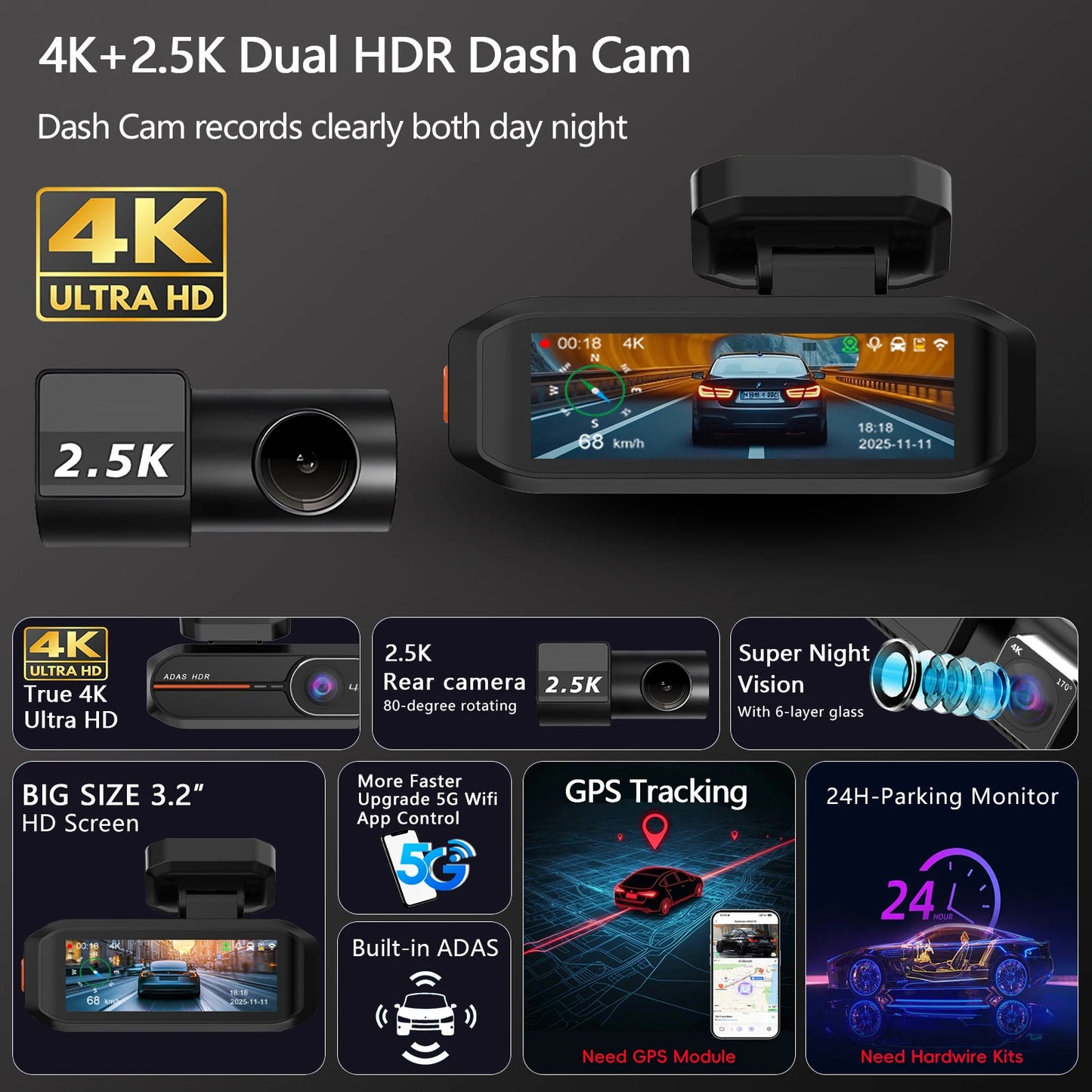 4K WiFi Dashcam med Front- og Bagkamera