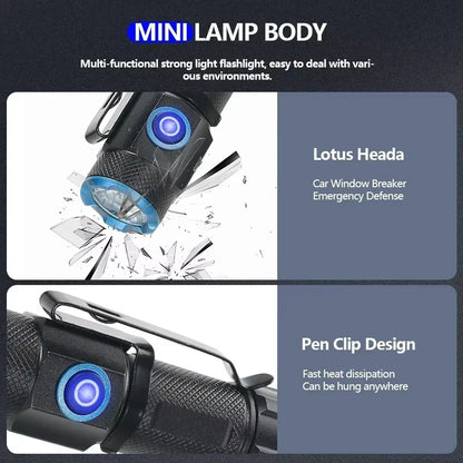 Mini LED-Lommelygte USB Genopladelig med Magnet