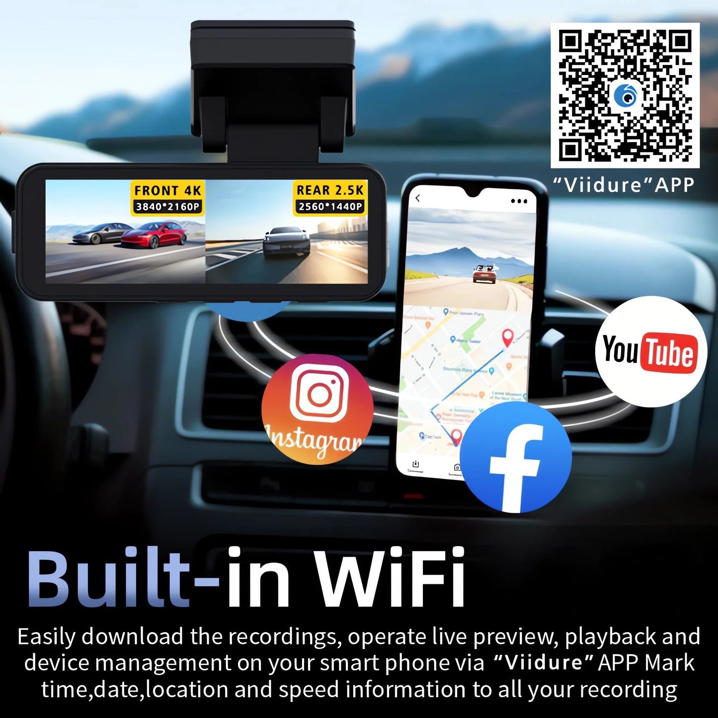 4K Dashcam med GPS og Bakkamera