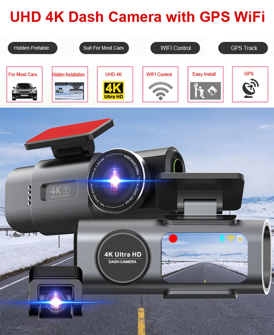 4K Dashcam med Dobbelt Linse, GPS & Wi-Fi