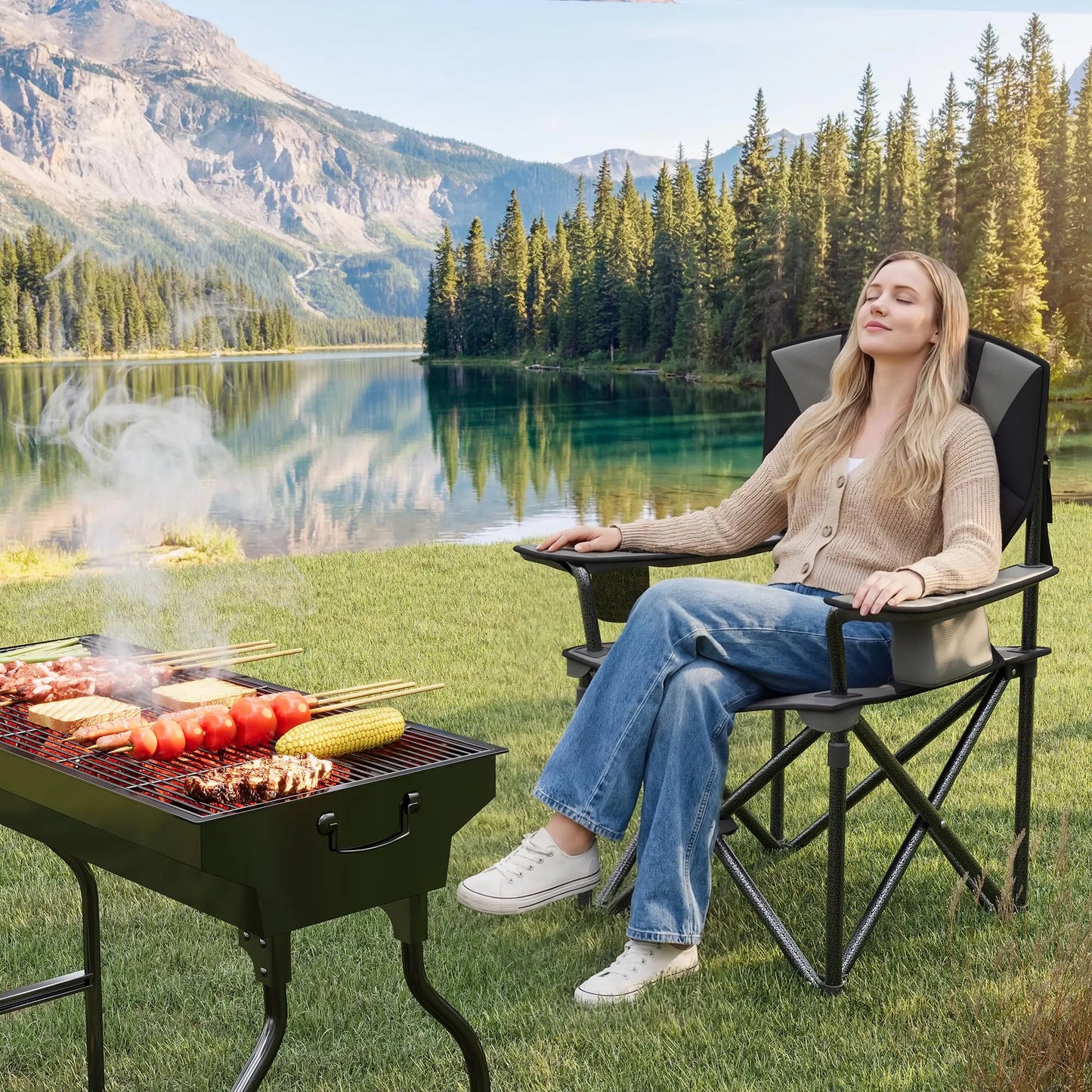 Ekstra Bred Foldbar Campingstol med Kopholder
