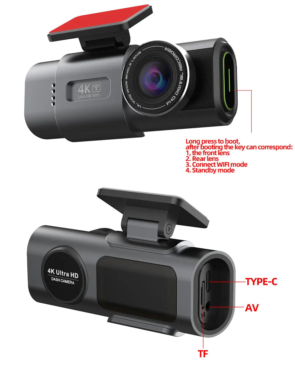 4K Dashcam med Dobbelt Linse, GPS & Wi-Fi