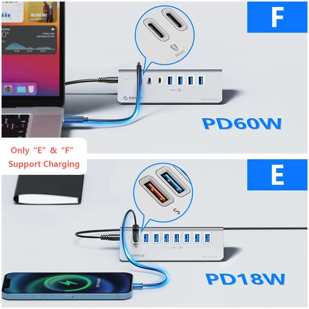 USB C Hub med PD60W Opladning og Flere Porte