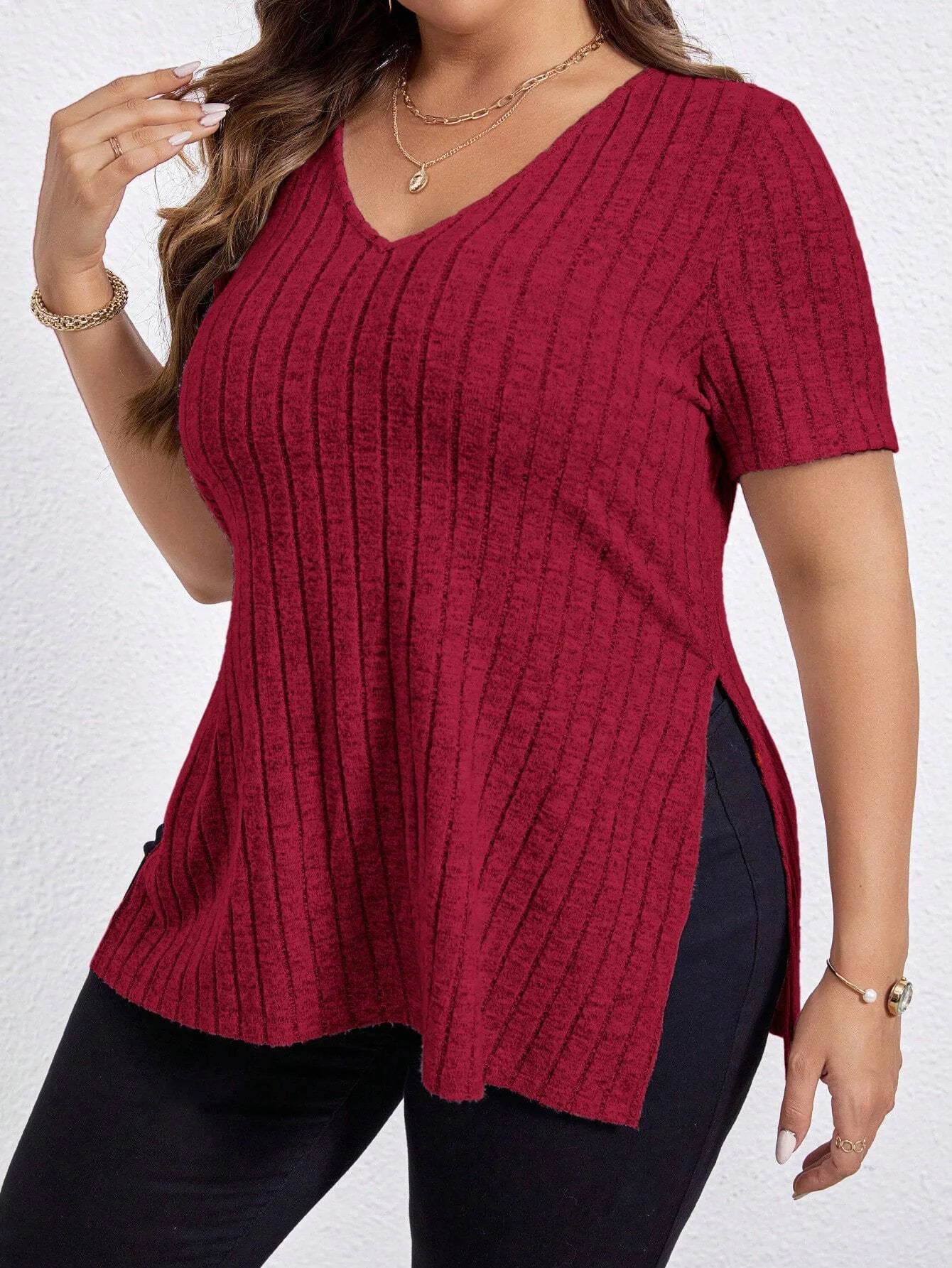 Plus Size Dametop med Løs Pasform og V-Hals