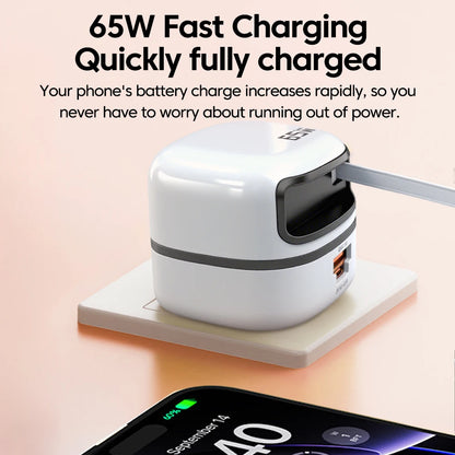 65W USB-C Hurtigoplader med Udtrækkeligt Kabel