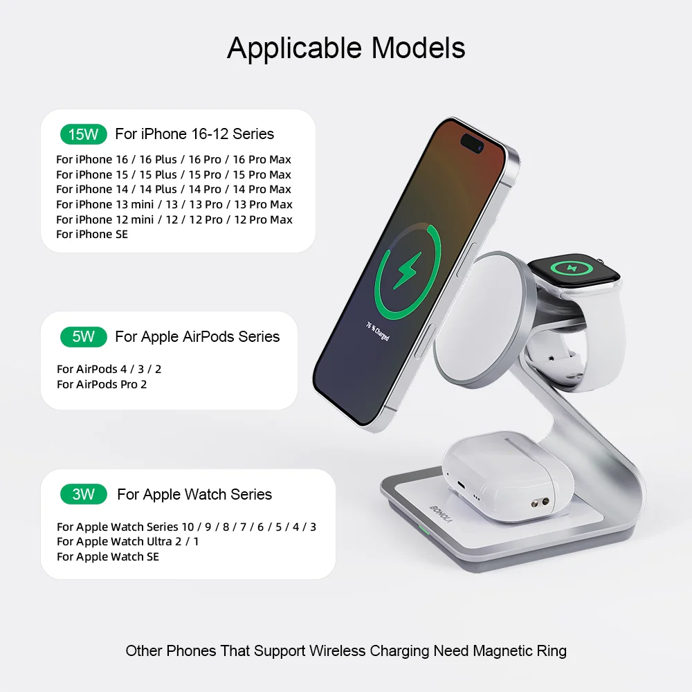 3-i-1 Trådløs Opladningsstation til iPhone, Apple Watch og AirPods