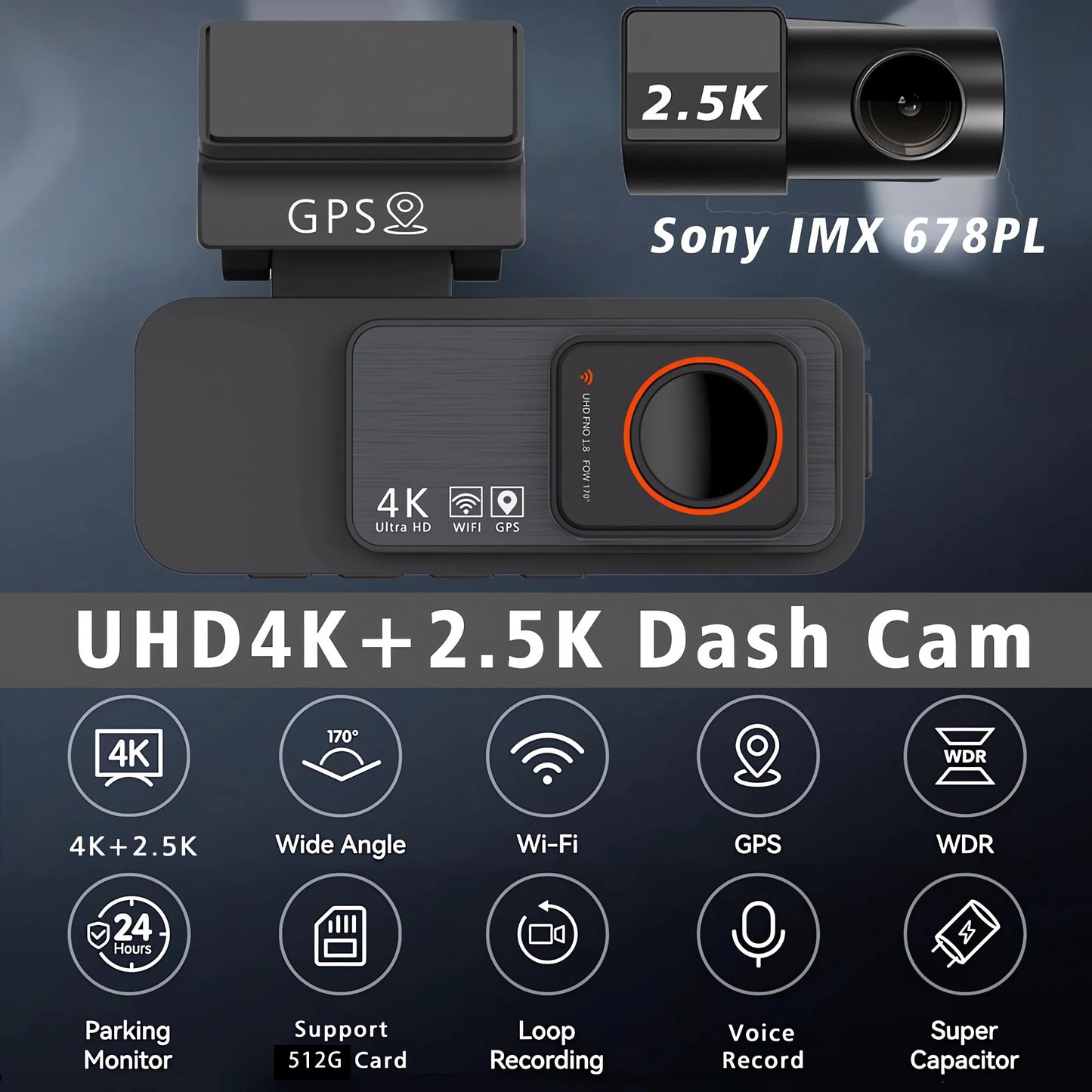 4K Dashcam med GPS og Bakkamera