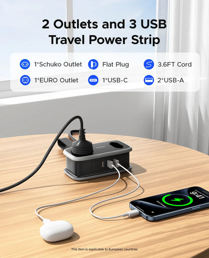 5-i-1 Strømskinne til Rejser med 2 AC- og 3 USB-Porte
