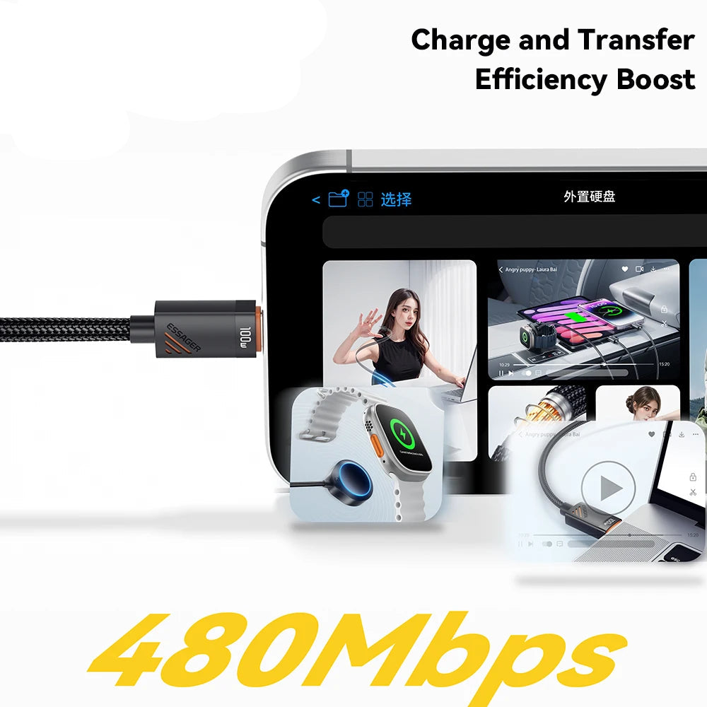 100W USB-C Spiralkabel til Bil med Hurtig Opladning