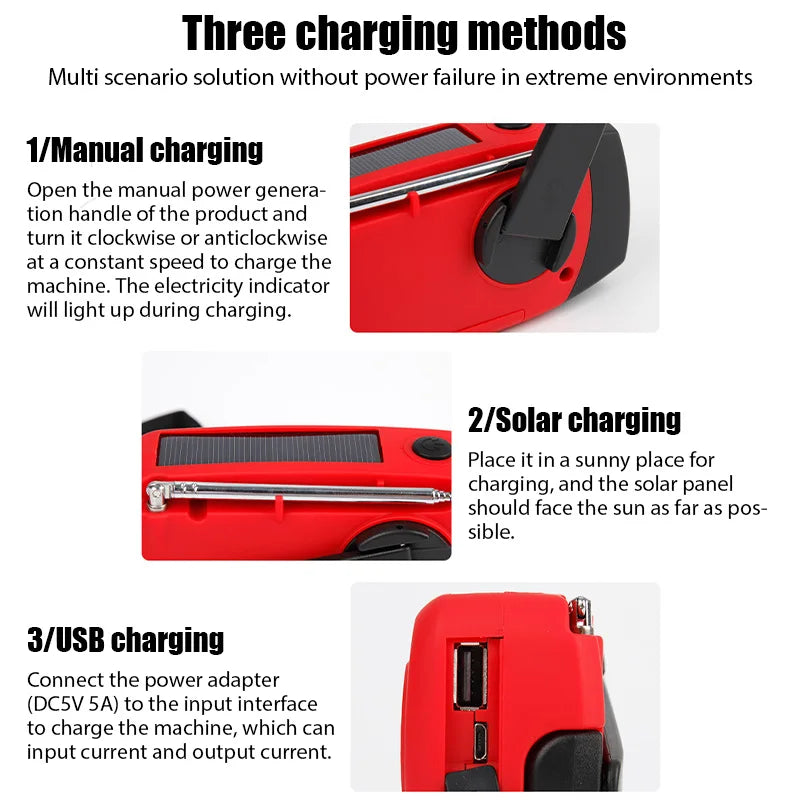 Bærbar Solcelledrevet Nødradio med Håndsving og Lommelygte