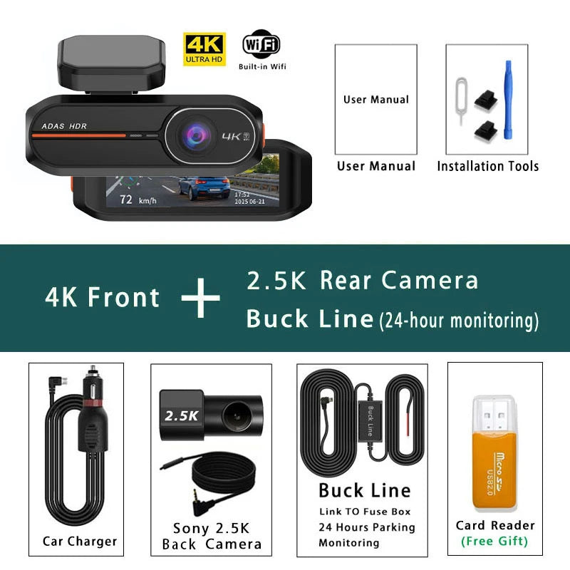 4K WiFi Dashcam med Front- og Bagkamera