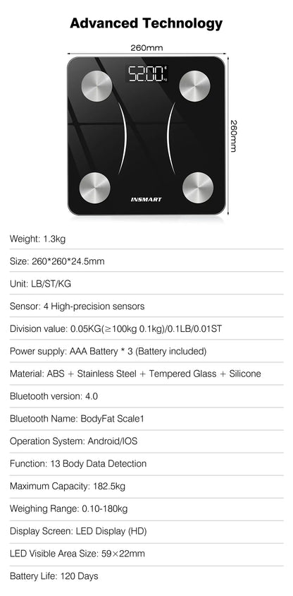 Smart Badevægt - Mål din Kropsvægt, BMI og Muskelmasse