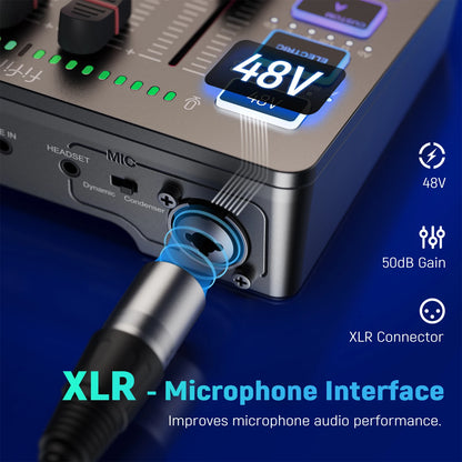 4-Kanals Gaming-Lydmixer med XLR-Mikrofon