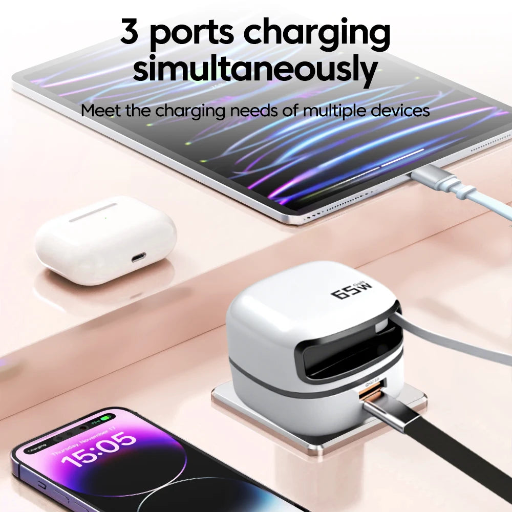 65W USB-C Hurtigoplader med Udtrækkeligt Kabel