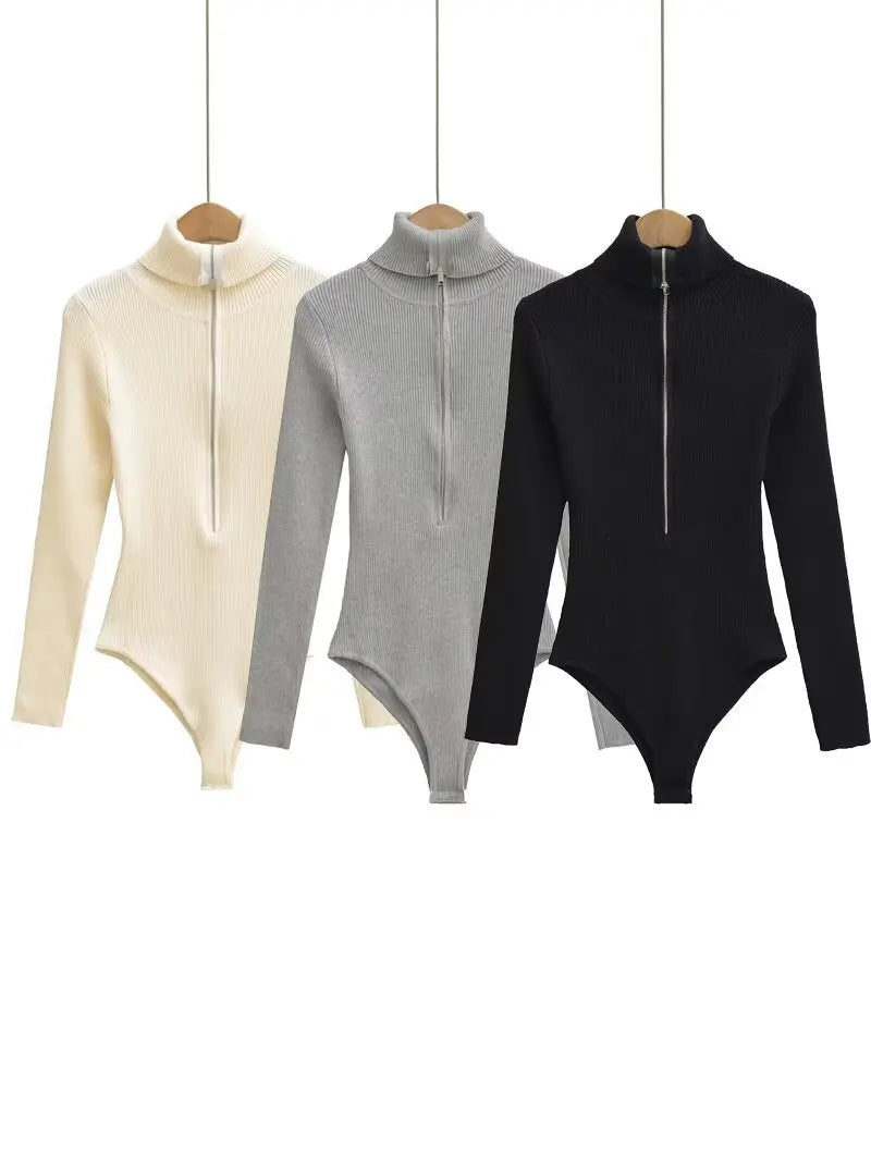 Langærmet Ribbet Bodystocking til Kvinder med Lynlås