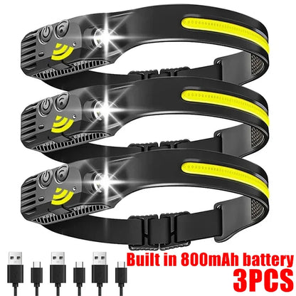 Vandtæt USB-Genopladelig COB+LED Pandelampe