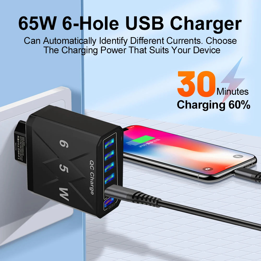 65W USB Hurtigoplader med 6 Porte