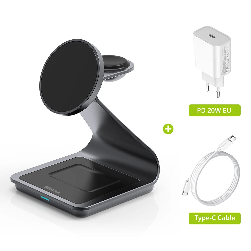 3-i-1 Trådløs Opladningsstation til iPhone, Apple Watch og AirPods