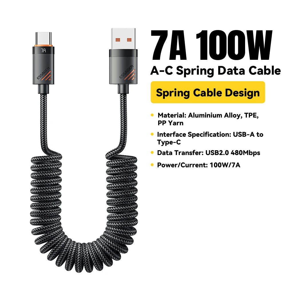 100W USB-C Spiralkabel til Bil med Hurtig Opladning