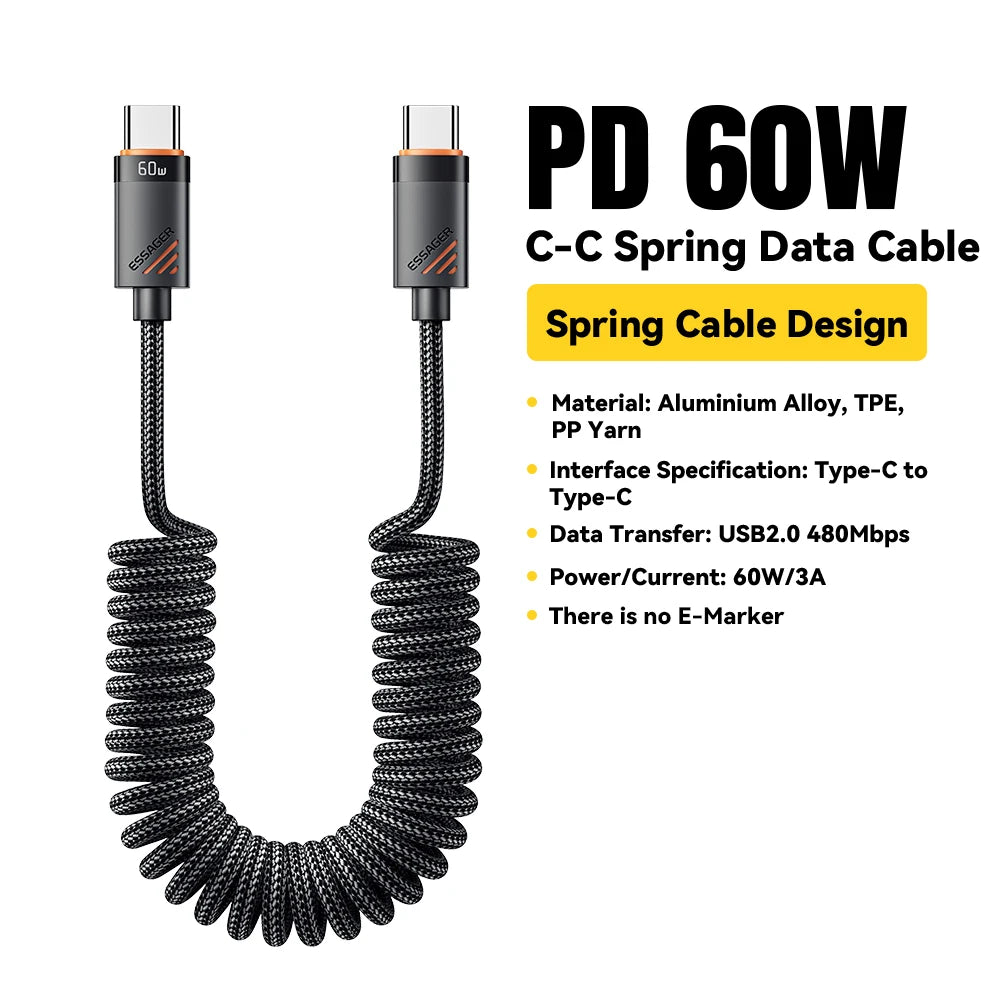 100W USB-C Spiralkabel til Bil med Hurtig Opladning